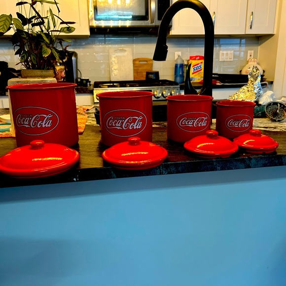 VINTAGE 8 PIECE COCA COLA CANISTER SETS - 4 SIZES W/ LIDS - Picture 1 of 9